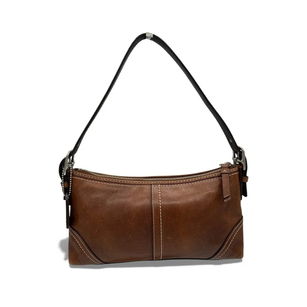 Coach Hampton Demi Baguette East West Brown Leather Vintage Premium Shoulder Bag